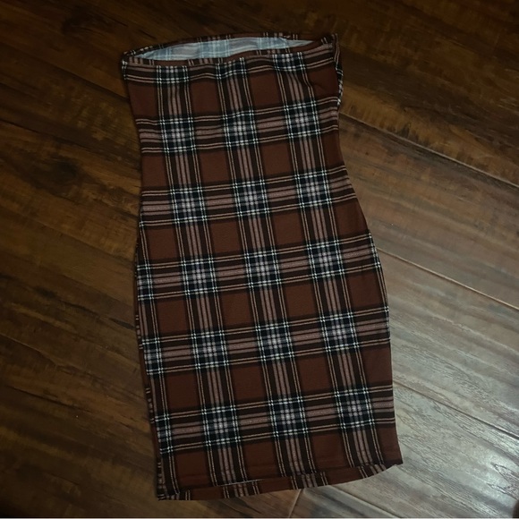 Like New Brown Plaid Country Festival Bodycon Strapless Dress XS - Picture 5 of 5